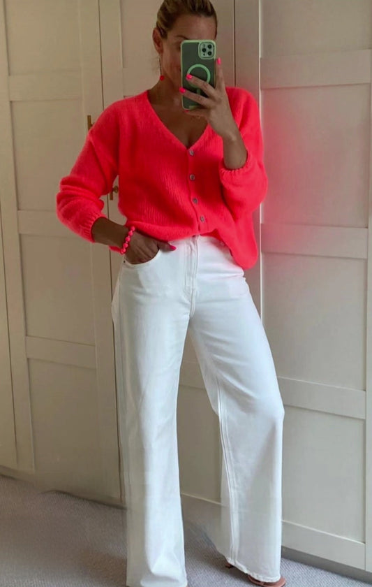 Neon Coral Cardigan in 30pc mohair. Long sleeve knit. ( PRE ORDER. SHIPS MAR 26th)