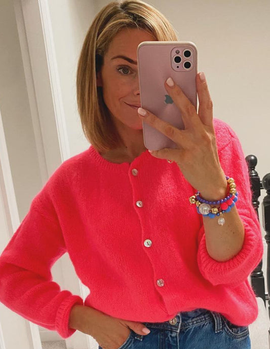 Neon Coral Cardigan |Superfine Alpaca &  Wool. Long sleeve knit cardigan. ( Pre Order.Dispatch Mar 27th)