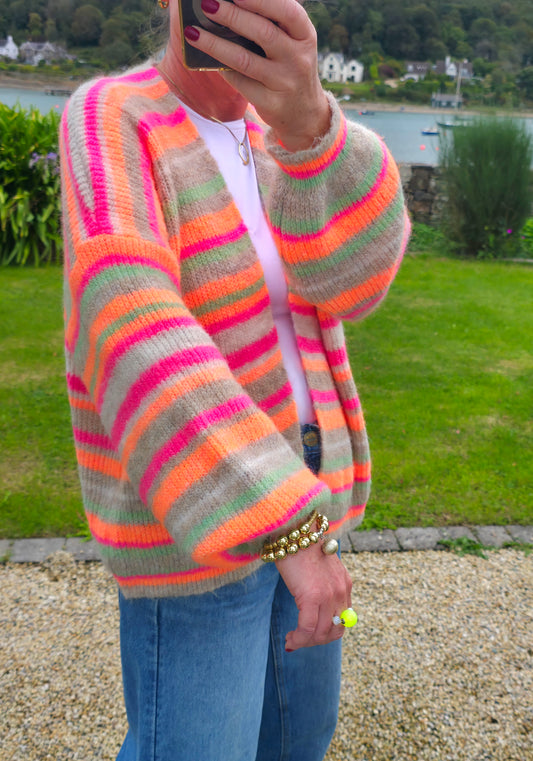 Neon Orange Striped Open Mohair cardigan womens