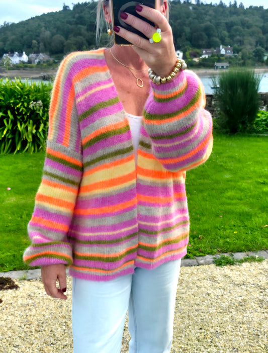 Woman wearing Neon Stripe Mohair Cardigan