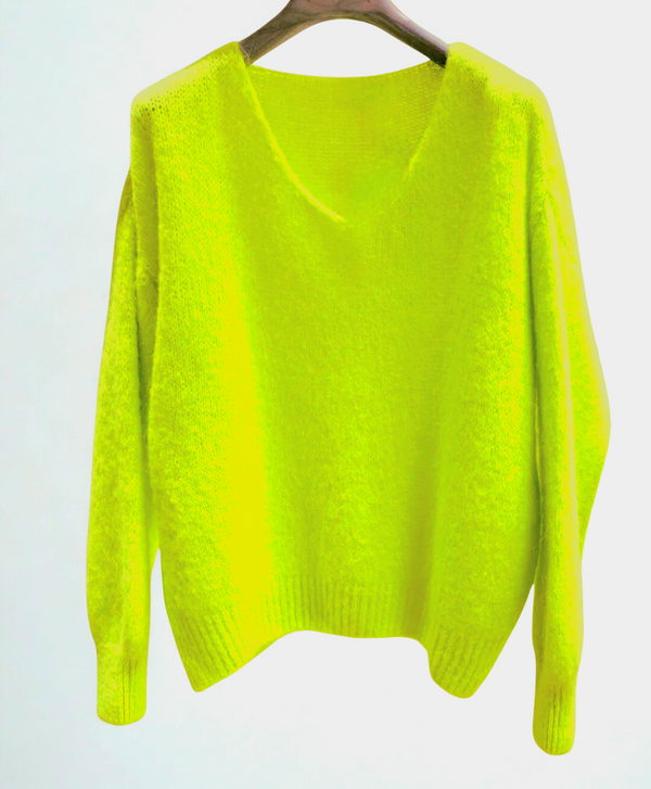 Neon Yellow Ladies Mohair V neck Sweater