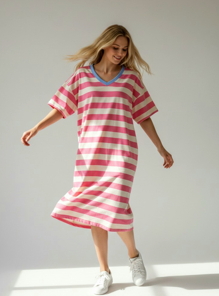 Pink & Ecru Stripe V Neck T Shirt Dress with pockets