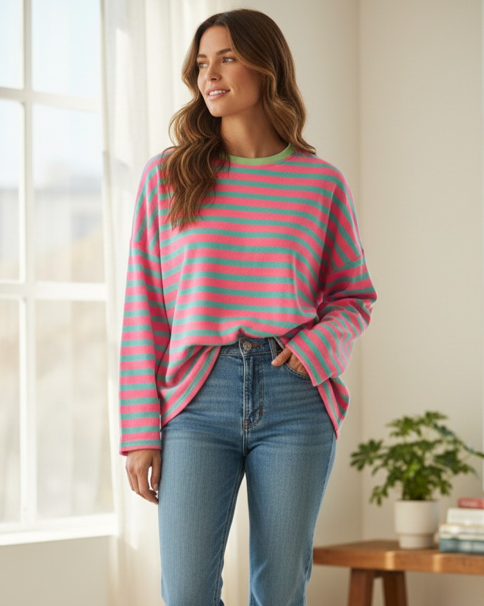 Neon Rose & Aqua Striped Cotton top