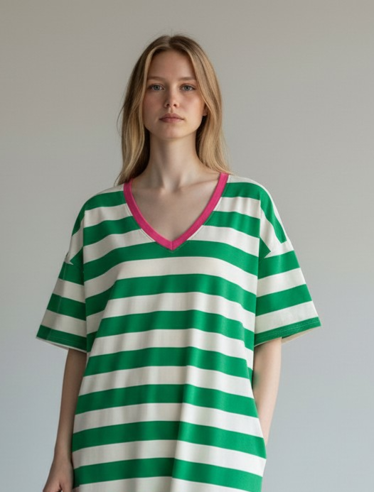 V neck, Cotton Striped T Shirt Dress with pockets.