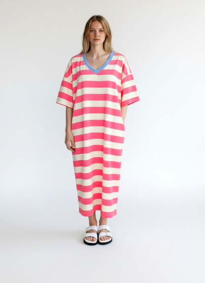 Pink & Ecru Stripe V Neck T Shirt Dress with pockets