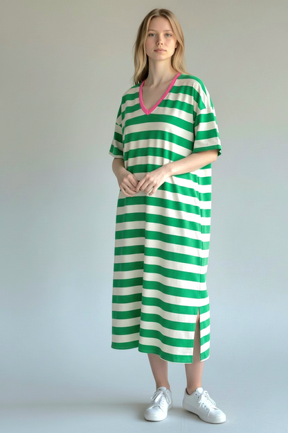 V neck, Cotton Striped T Shirt Dress with pockets.