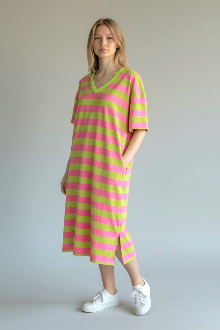 V Neck Cotton T shirt dress in Green and Pink Stripe