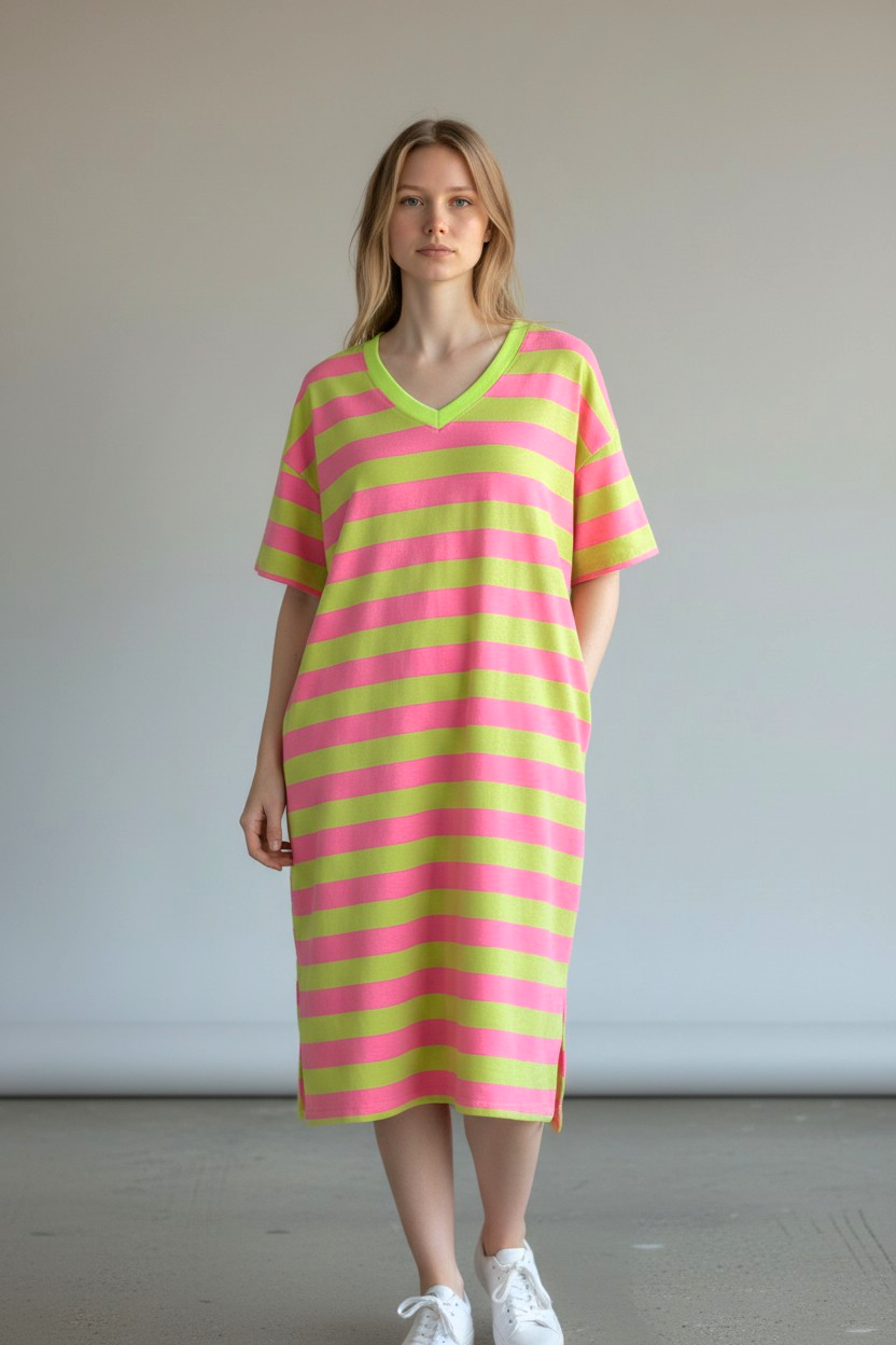 V Neck Cotton T shirt dress in Green and Pink Stripe
