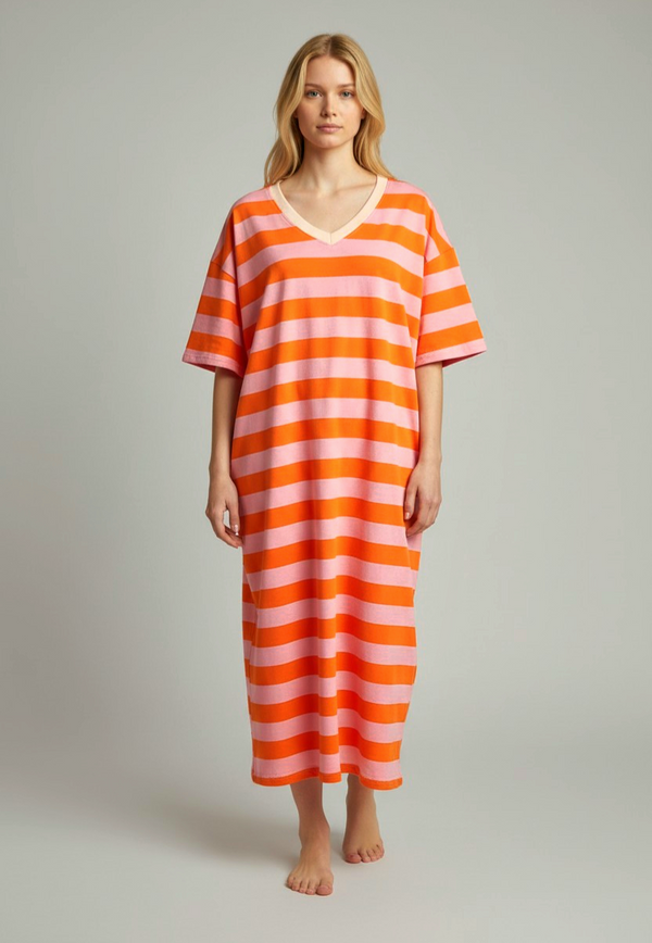 V neck Cotton T shirt Dress in Orange and Pink Stripe