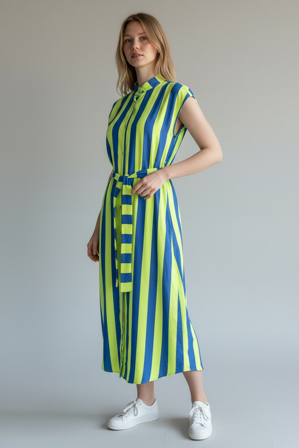 Cotton Striped Shirt Dress in Neon yellow and Blue Stripe