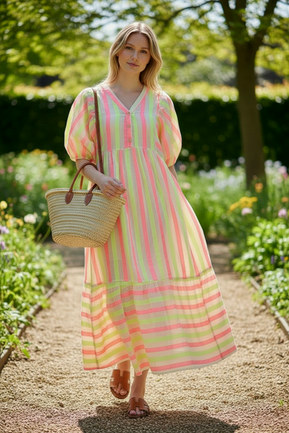 Neon Stripe Puff Sleeve Maxi Dress