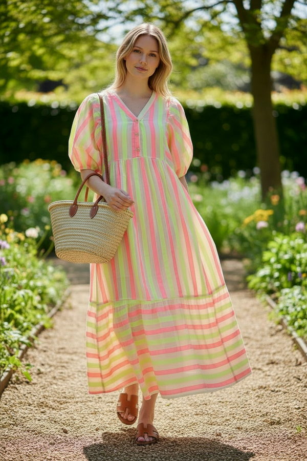 Neon Stripe Puff Sleeve Maxi Dress
