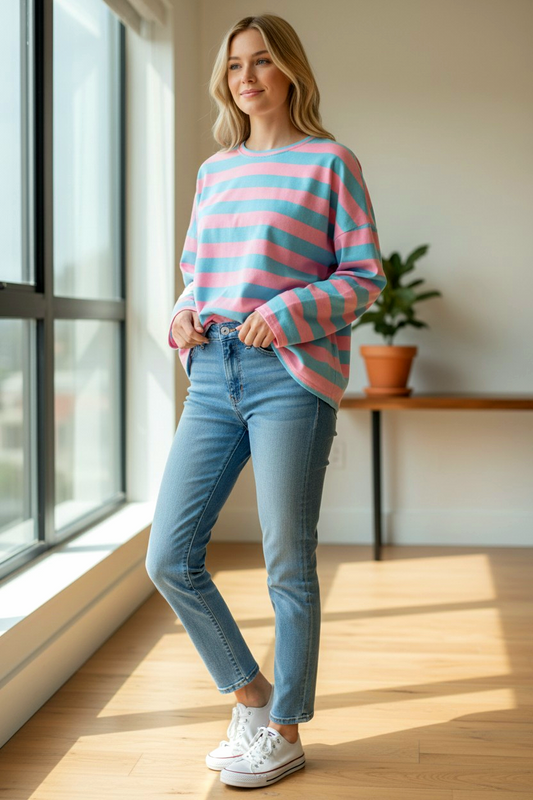 Rose Pink and Aqua Striped top
