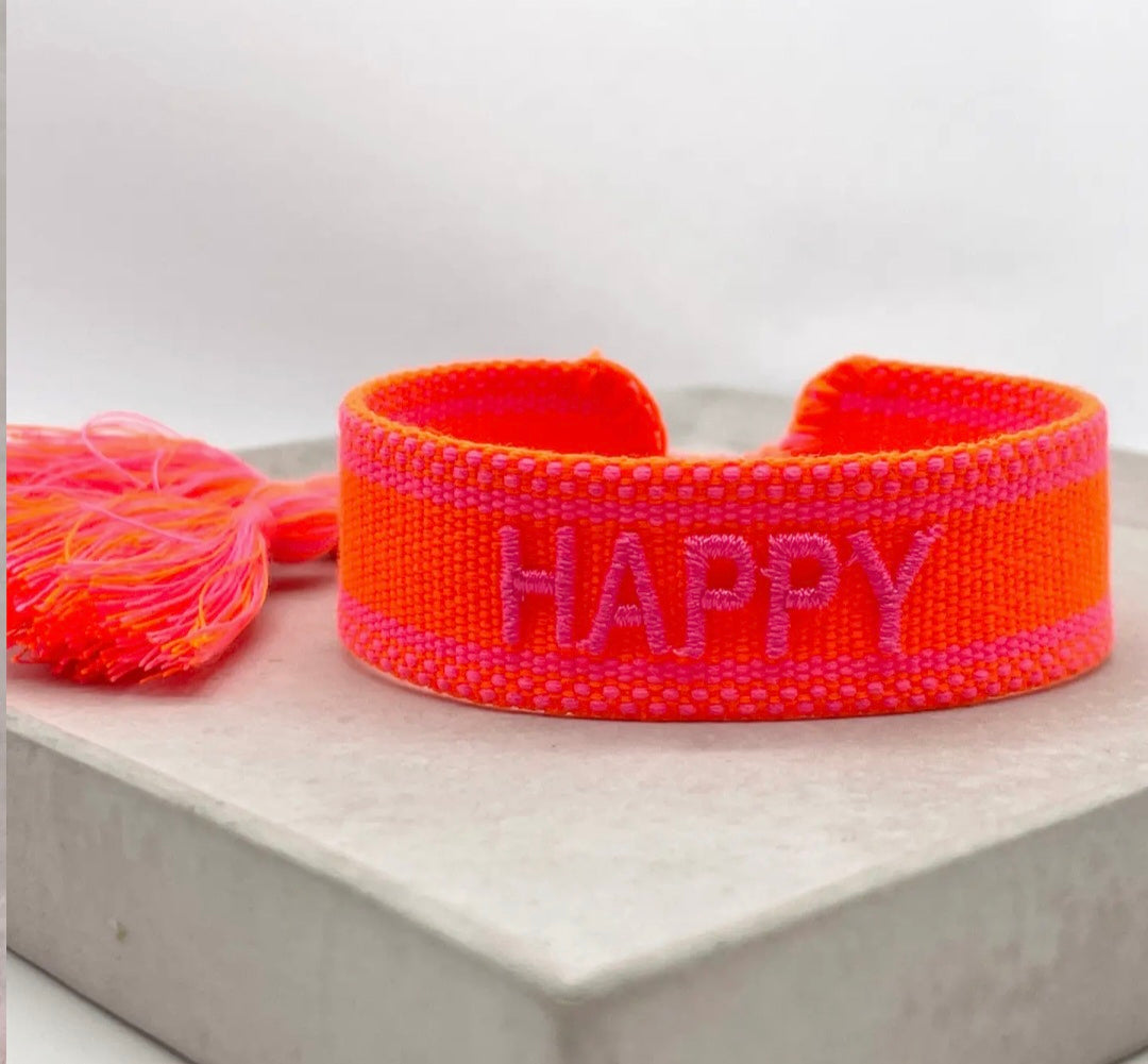 Happy. Woven statement bracelet. Neon
