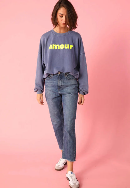 * BACK SOON* Ladies Blue Sweatshirt with Neon Yellow Print