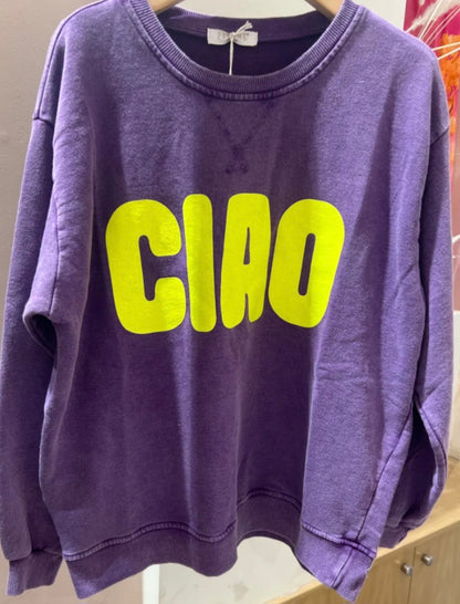 Ladies purple sweatshirt with Neon yellow Ciao.
