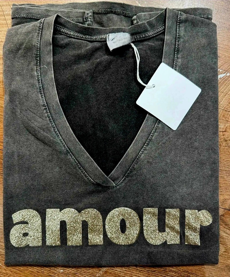 Ladies, v neck cotton Black wash and Gold Amour t shirt