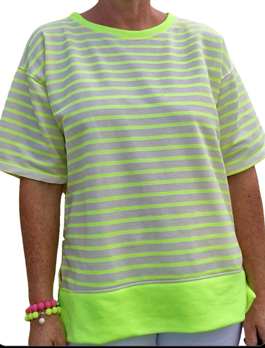 Neon yellow striped, short sleeve sweater.