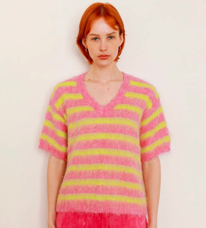 Neon Lime & Raspberry stripe V Neck, Short Sleeve Jumper
