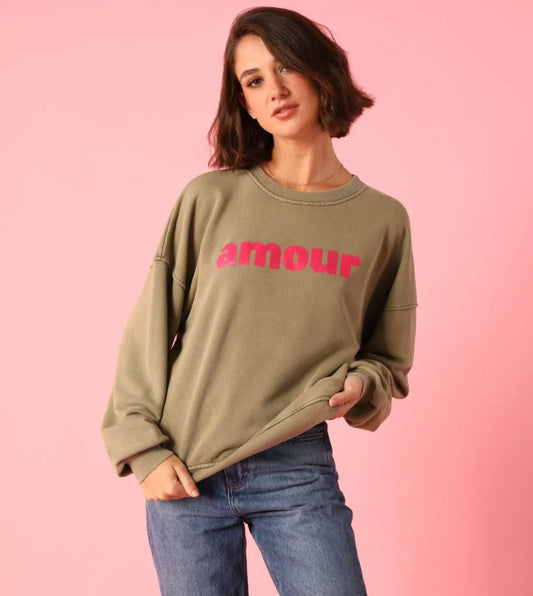 Khaki and Raspberry Pink Amour Sweatshirt.