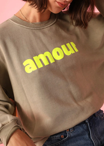 Amour Sweatshirt in Khaki and Neon Yellow.