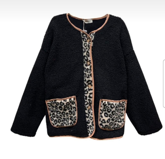Teddy Fleece Jacket in Black with Animal Print & Tan Trim