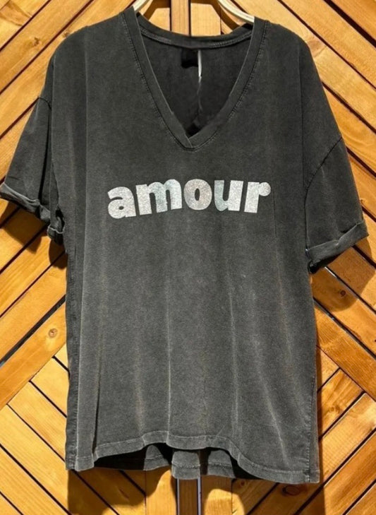 Black & Silver Amour V Neck Cotton T shirt.