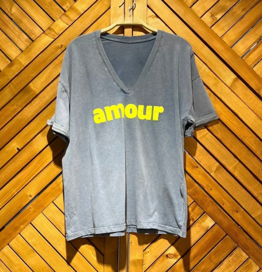 Amour T Shirt in denim blue with neon yellow. * Dispatch Aug 14th*