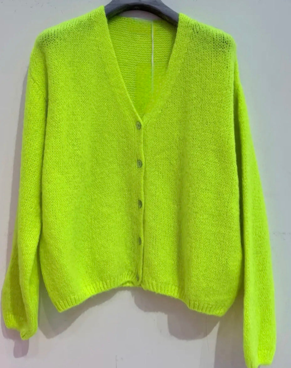 Kid Mohair & wool mix Neon Yellow V Neck Cardigan