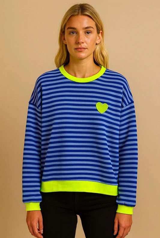 Blue striped sweatshirt with Neon Yellow heart & trim. *Dispatch Aug 14th*