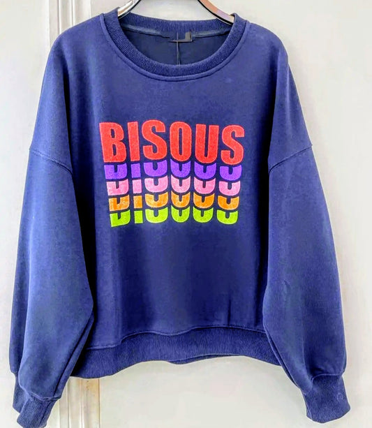 Bisous Sweat in Navy Blue with Multicolour Bisous Font