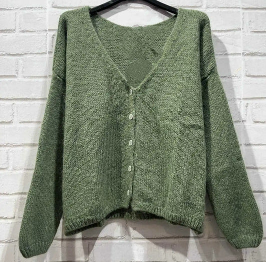 * Pre order. Due Aug 29th *Khaki Green Mohair Mix V Neck Long Sleeve Cardigan