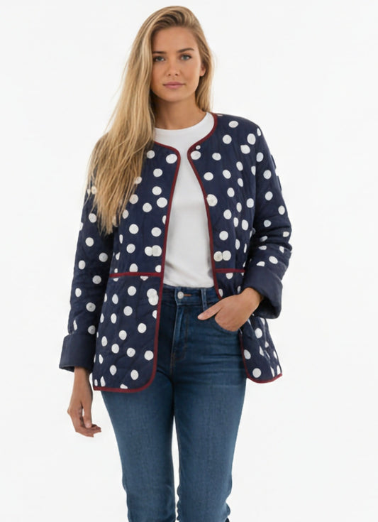 Navy & White dotty quilted, collarless jacket.