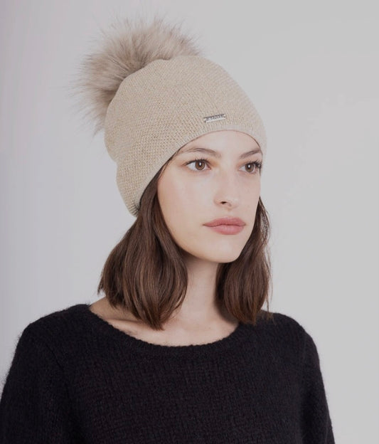 Ladies Lurex, fleece lined hat with removable pom pom