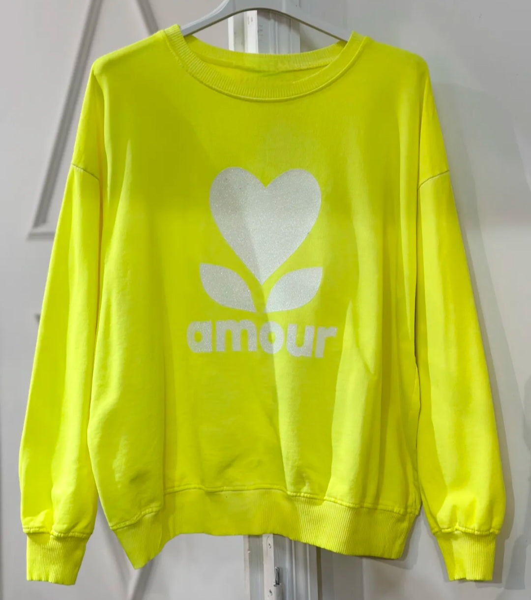 Amour Sweatshirt in Neon Yellow with White Amour