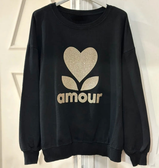 Black Amour Sweatshirt with Gold glitter Amour