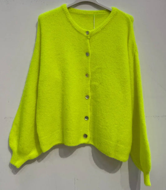 Neon Yellow, sleeved cardigan in Superfine Alpaca and Wool