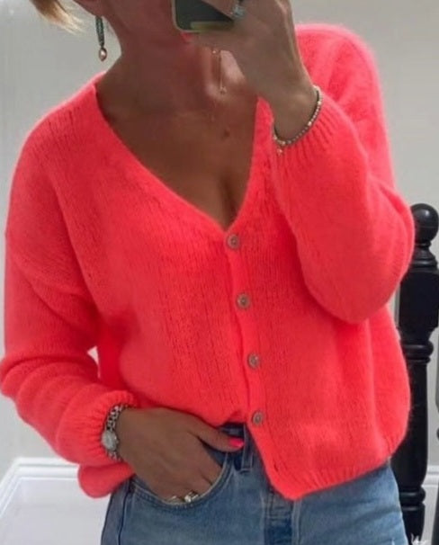* Pre Order. Due Oct 6th* Neon Coral Cardigan in 30pc mohair. Long sleeve.