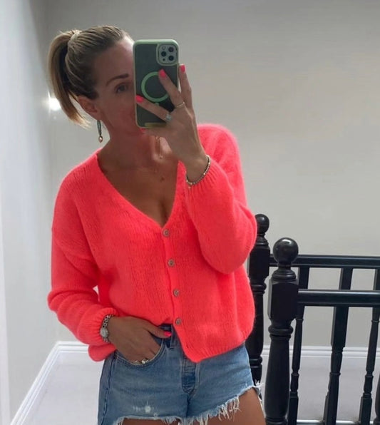 * PRE SALE* IN STOCK SEPT 19TH*  Neon Coral Cardigan in 30pc mohair. Long sleeve.