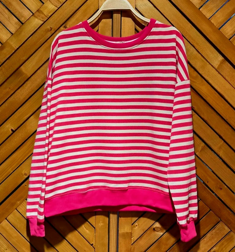 Fuschia and White Cotton Striped Sweatshirt
