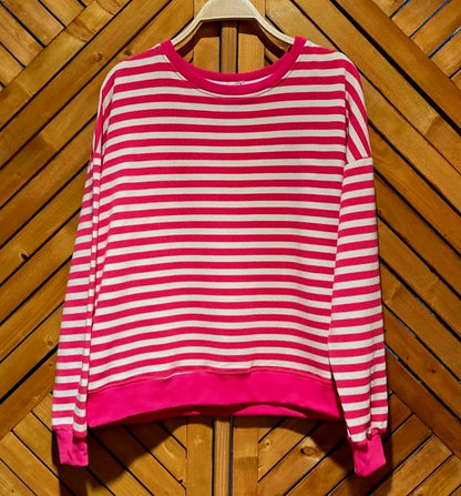 Fuschia and White Cotton Striped Sweatshirt