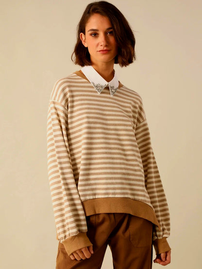 Camel and White striped cotton Sweatshirt