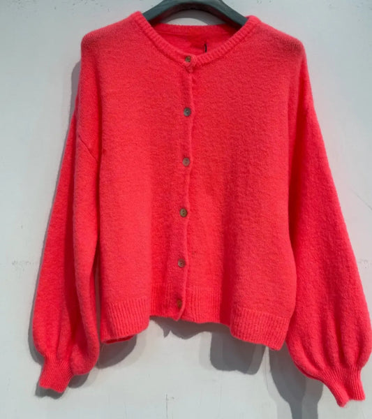 *Pre Order. Due Oct 6th* Neon Coral Cardigan in Superfine Alpaga and Wool. Long sleeve.