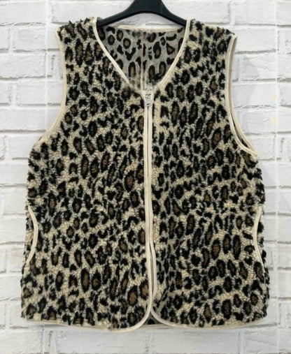 Animal Print Long Gilet with zip & pockets