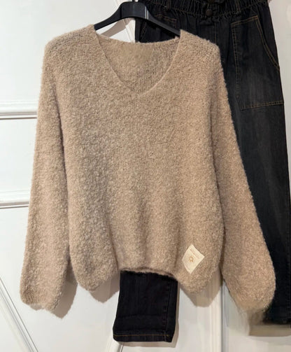Oatmeal Beige Kid Mohair & Wool Fluffy V Neck Jumper