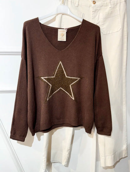 Starlight Chooco Brown V Neck soft knit with Star Motif