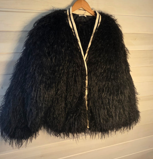 Black Luxe, feather bomber with striped trim and snap fasteners