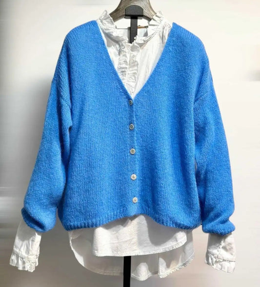 Azure Blue Mohair Mix Long Sleeve Cardigan. V Neck