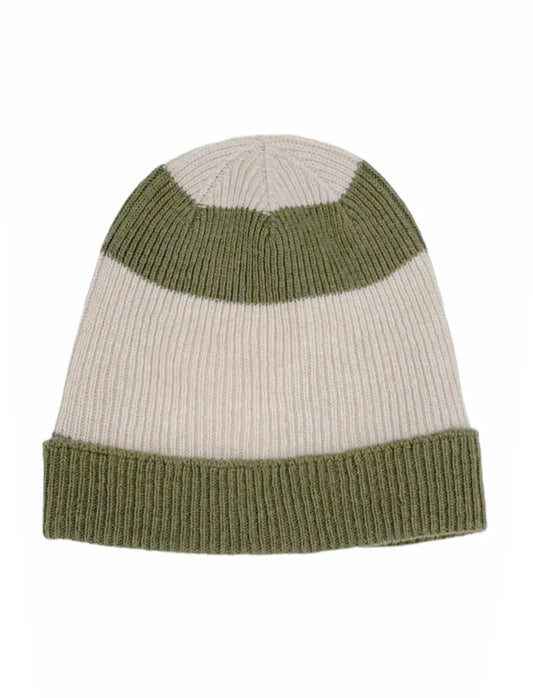 Wool & Cashmere Mix Hat in Striped Sage Green & Cream