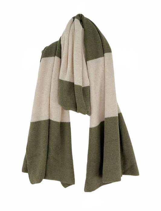 Wool & Cashmere Mix Striped Sage green & cream Scarf.